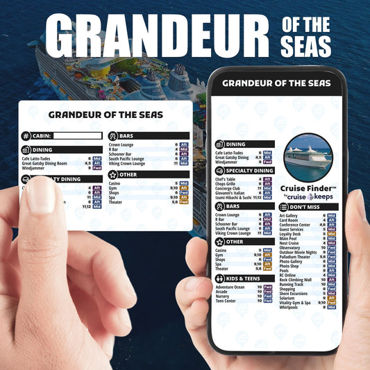 Grandeur of the Seas deck finder cards, printed card and digital locator on an iPhone device.