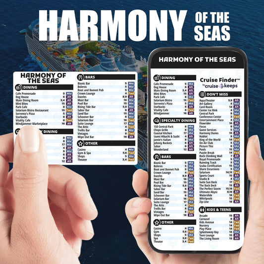 Harmony of the Seas deck finder cards, printed card and digital locator on an iPhone device.