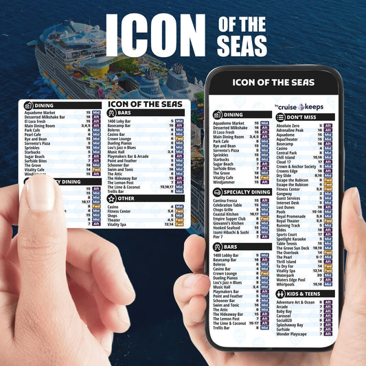 Icon of the Seas deck finder cards, printed card and digital locator on an iPhone device.