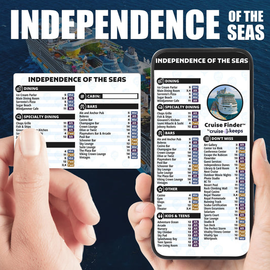 Independence of the Seas deck finder cards, printed card and digital locator on an iPhone device.