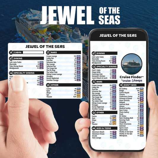 Jewel of the Seas deck finder cards, printed card and digital locator on an iPhone device.