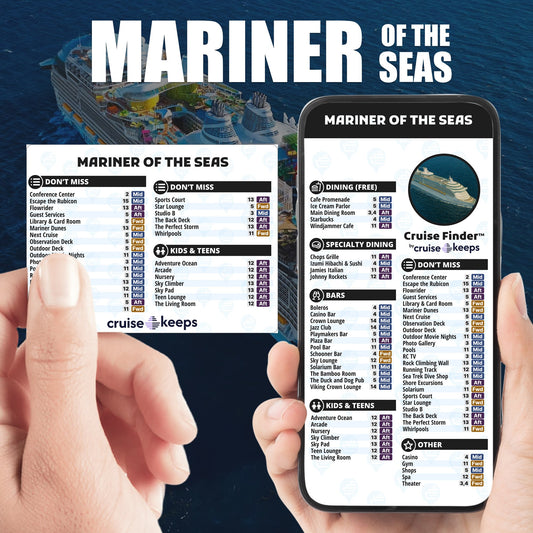 Mariner of the Seas deck finder cards, printed card and digital locator on an iPhone device.