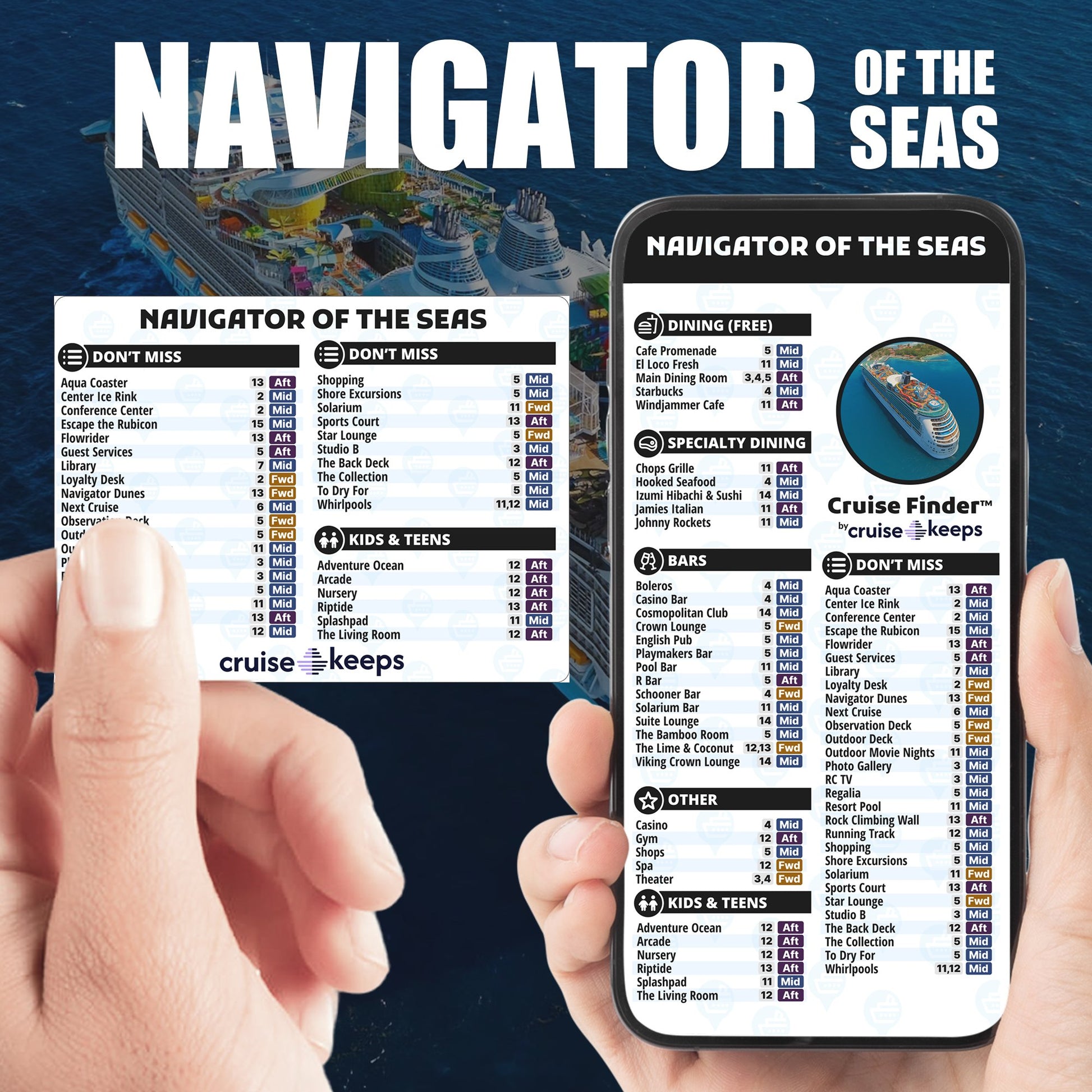 Navigator of the Seas deck finder cards, printed card and digital locator on an iPhone device.