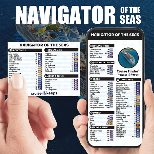 Navigator of the Seas deck finder cards, printed card and digital locator on an iPhone device.