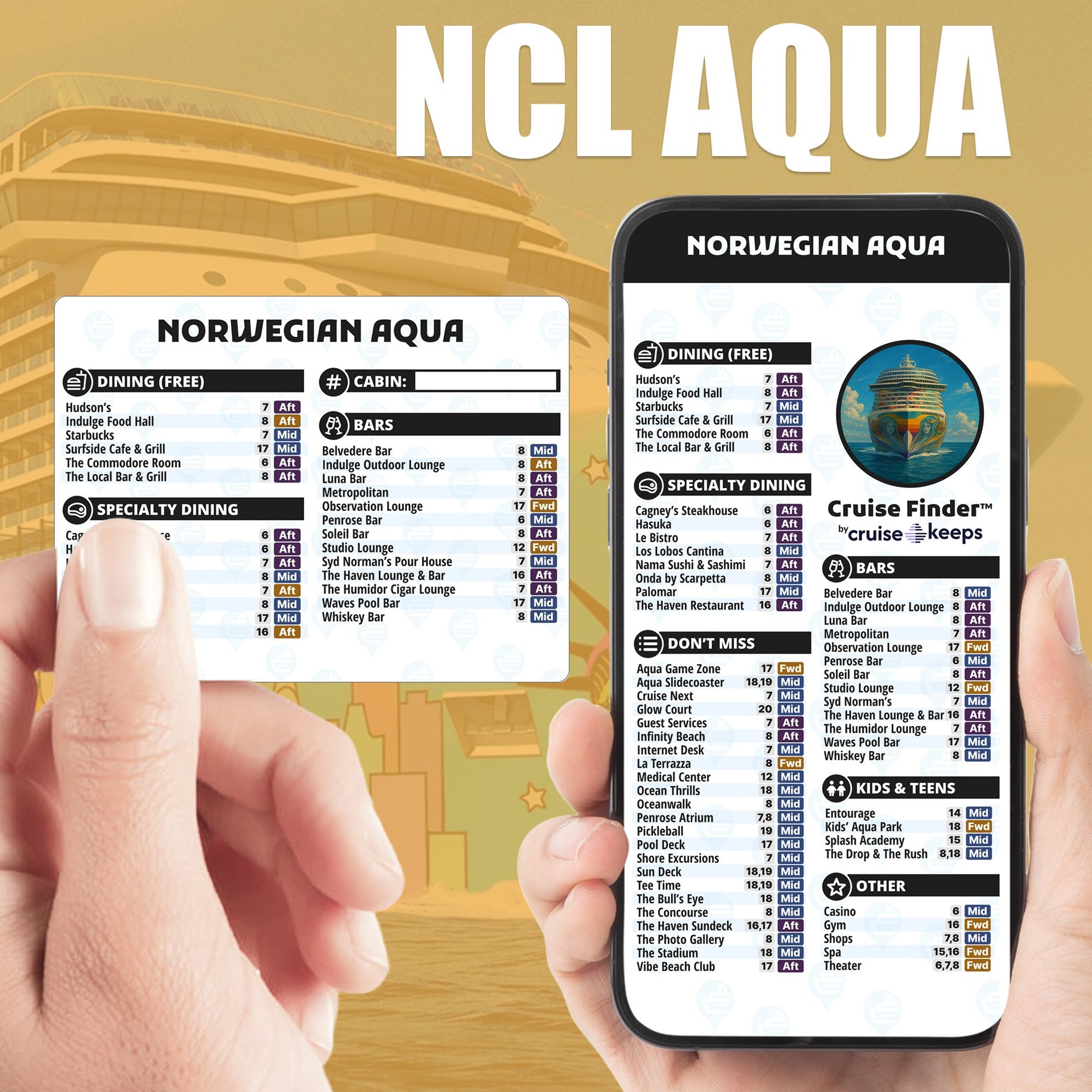 Norwegian Aqua deck finder cards, printed card and digital locator on an iPhone device.