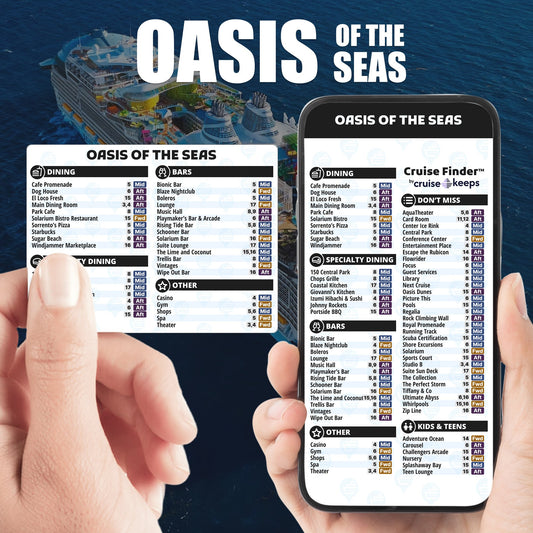 Oasis of the Seas deck finder cards, printed card and digital locator on an iPhone device.