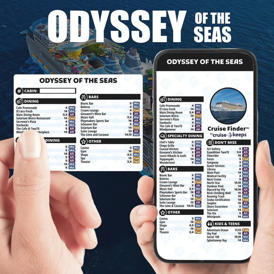 Odyssey of the Seas deck finder cards, printed card and digital locator on an iPhone device.