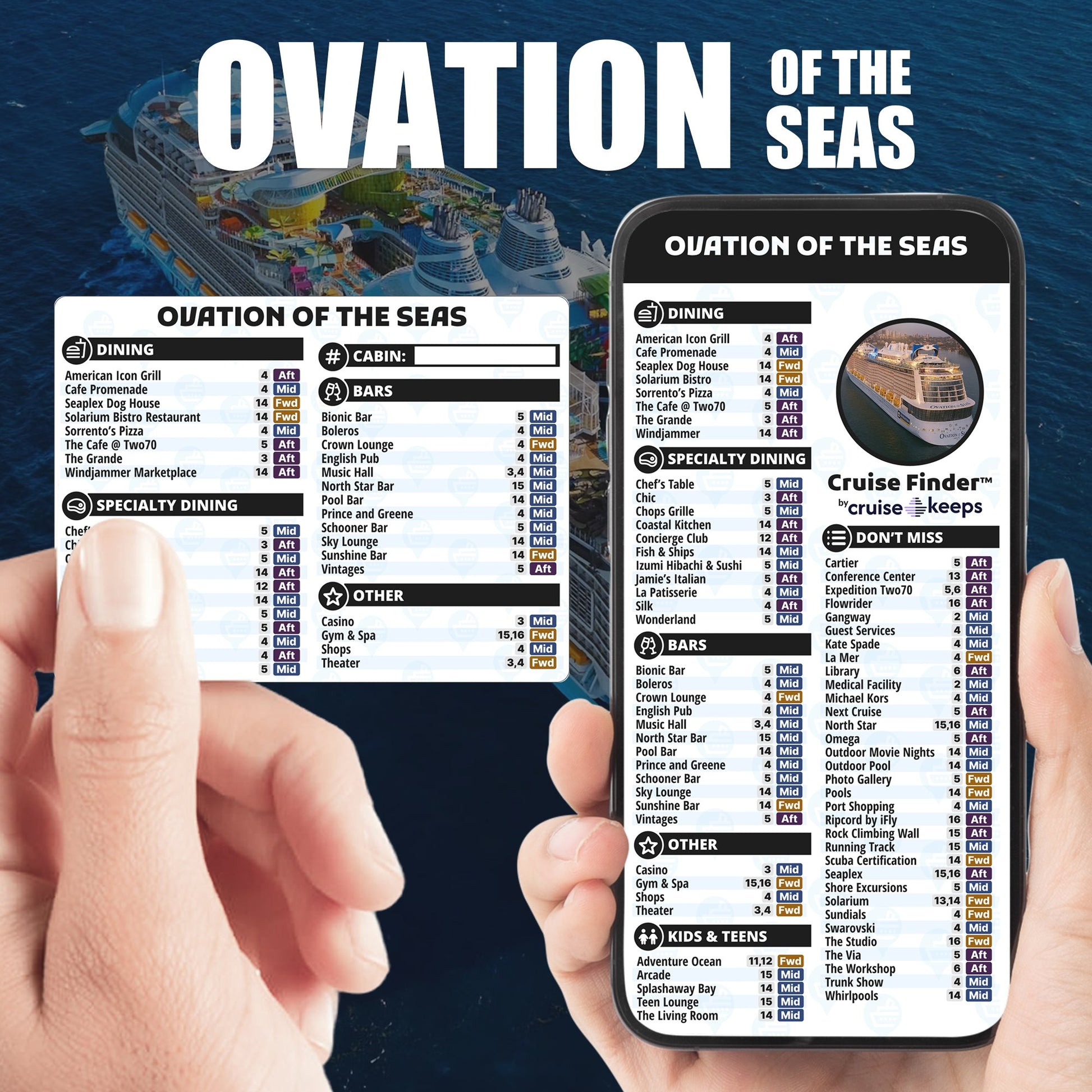 Ovation of the Seas deck finder cards, printed card and digital locator on an iPhone device.