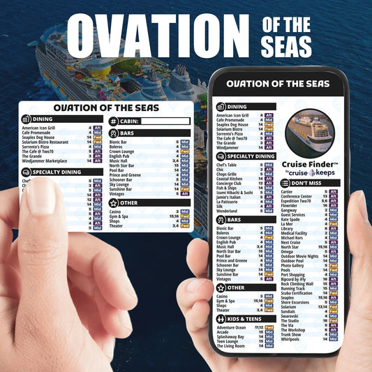 Ovation of the Seas deck finder cards, printed card and digital locator on an iPhone device.