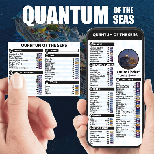 Quantum of the Seas deck finder cards, printed card and digital locator on an iPhone device.
