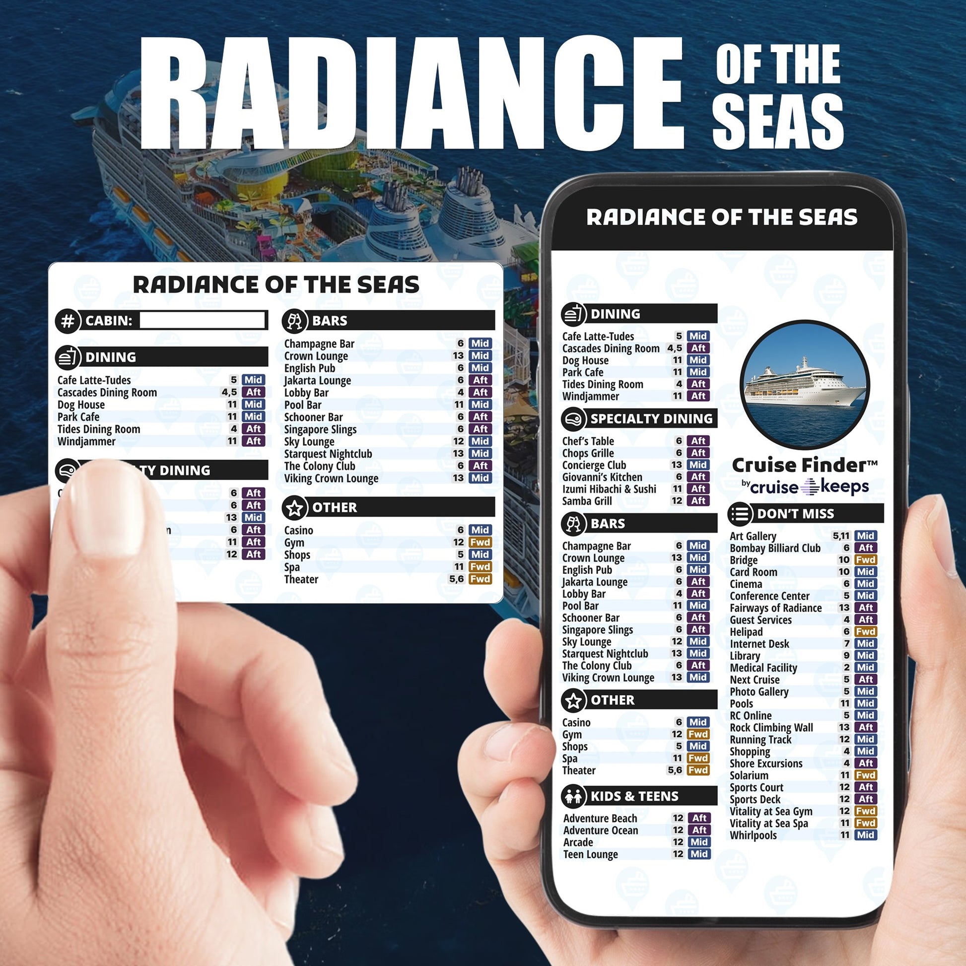 Radiance of the Seas deck finder cards, printed card and digital locator on an iPhone device.