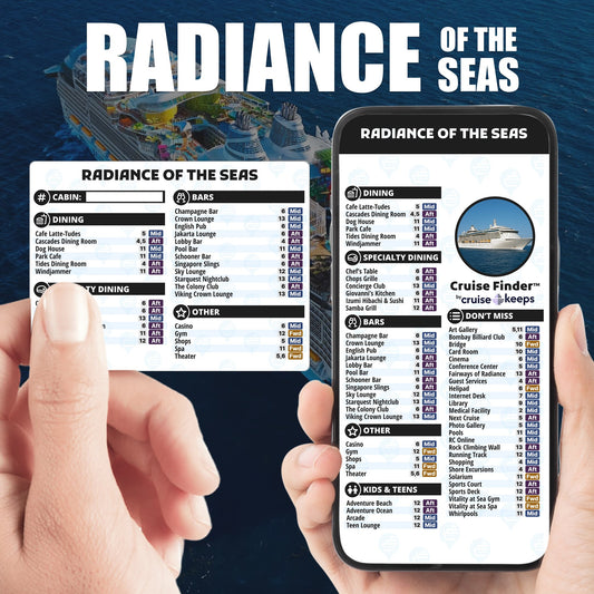 Radiance of the Seas deck finder cards, printed card and digital locator on an iPhone device.