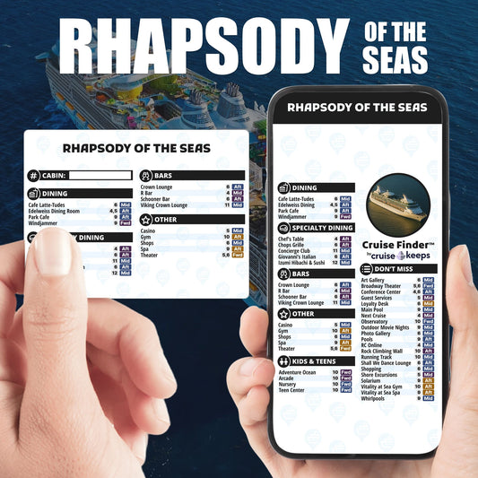 Rhapsody of the Seas deck finder cards, printed card and digital locator on an iPhone device.
