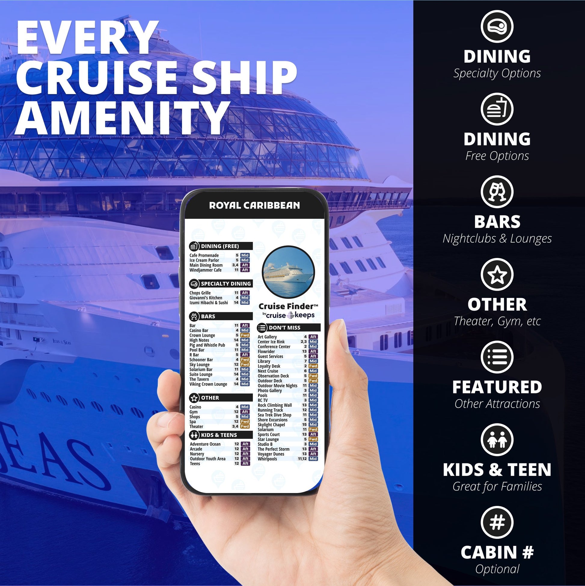 Hand holding a smartphone displaying a Royal Caribbean deck finder card with a cruise ship in the background.