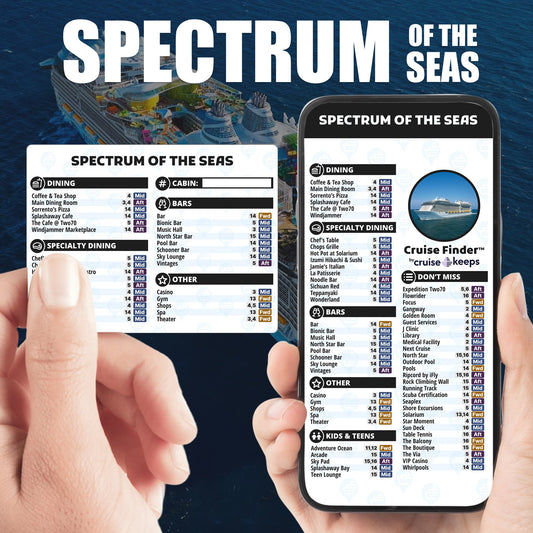 Spectrum of the Seas deck finder cards, printed card and digital locator on an iPhone device.