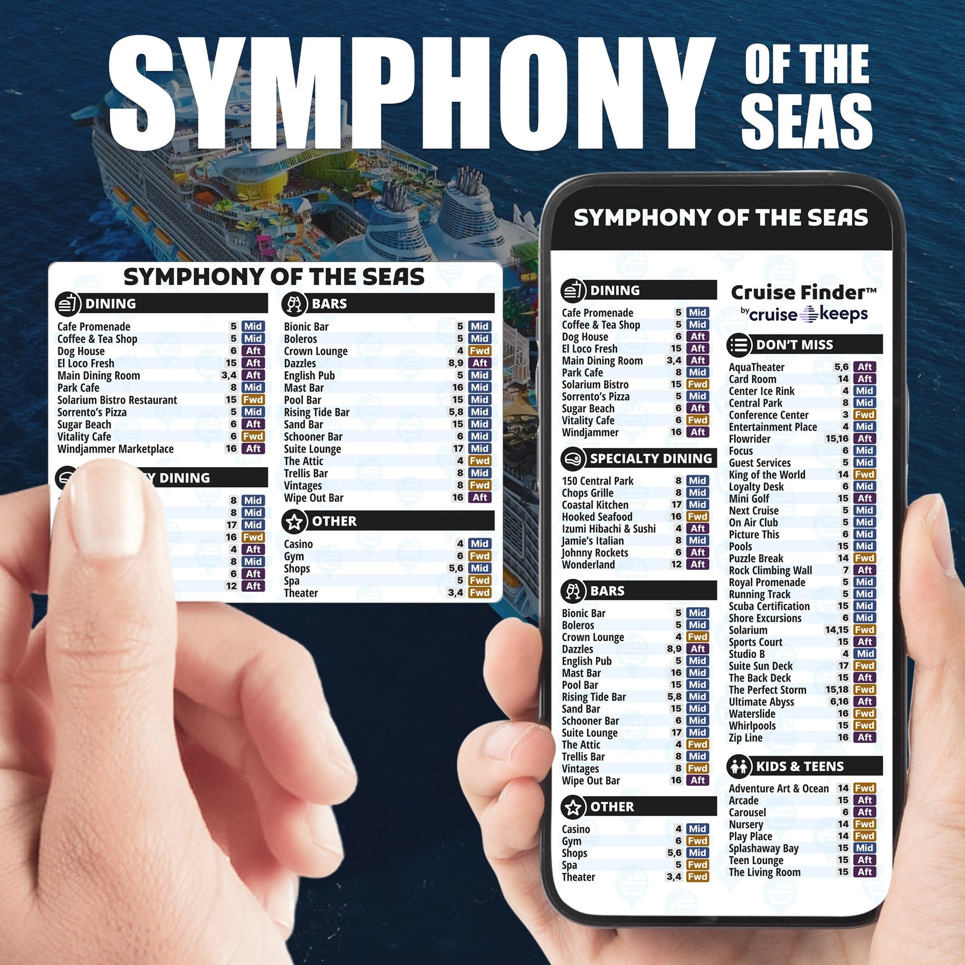 Symphony of the Seas deck finder cards, printed card and digital locator on an iPhone device.