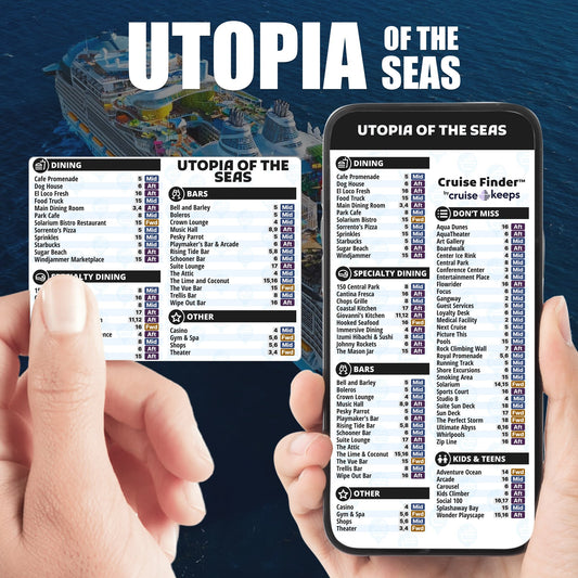 Utopia of the Seas deck finder cards, printed card and digital locator on an iPhone device.