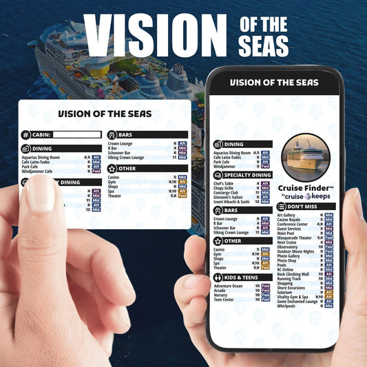 Vision of the Seas deck finder cards, printed card and digital locator on an iPhone device.