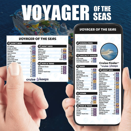 Voyager of the Seas deck finder cards, printed card and digital locator on an iPhone device.