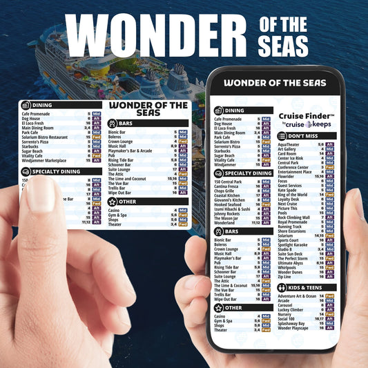 Wonder of the Seas deck finder cards, printed card and digital locator on an iPhone device.